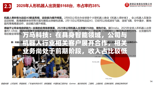 万马科技：在具身智能领域，公司与机器人行业相关客户展开合作，相关业务尚处于前期阶段，收入占比较低
